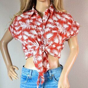 Old Khaki Top Women's 10 Jungle Foliage Button-Up Waist-Tie Orange/White Safari